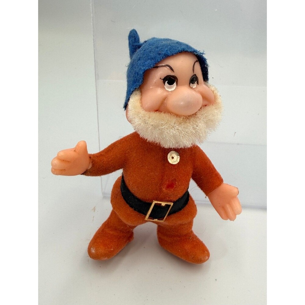 Vintage Disney Snow White Grumpy Dwarf Flocked Figure Toy Blue Hat 1960s 1970s